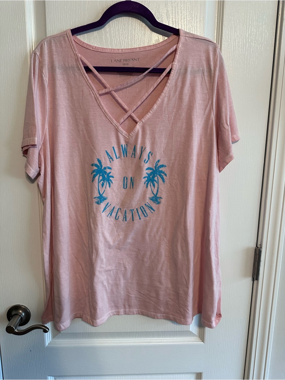 Lane Bryant Pink Crisscross V-Neck Tee with Blue Palm Graphic